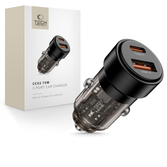 Încărcător auto Tech-Protect CC03 cu 2 porturi USB-A, USB-C PD 75W, negru
