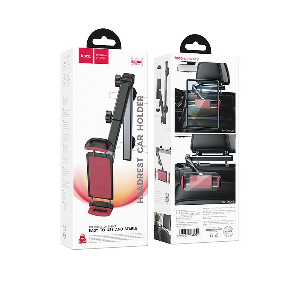 Suport auto universal hoco. pentru telefon / tabletă pentru tetieră telescopică (4.5″ – 13″) H69, negru și roșu