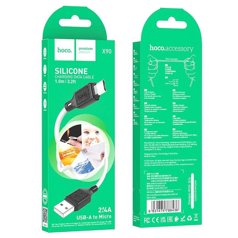 Cablu date și încărcare USB-A la Micro-USB, 2.4A, 1m, Hoco X90, alb