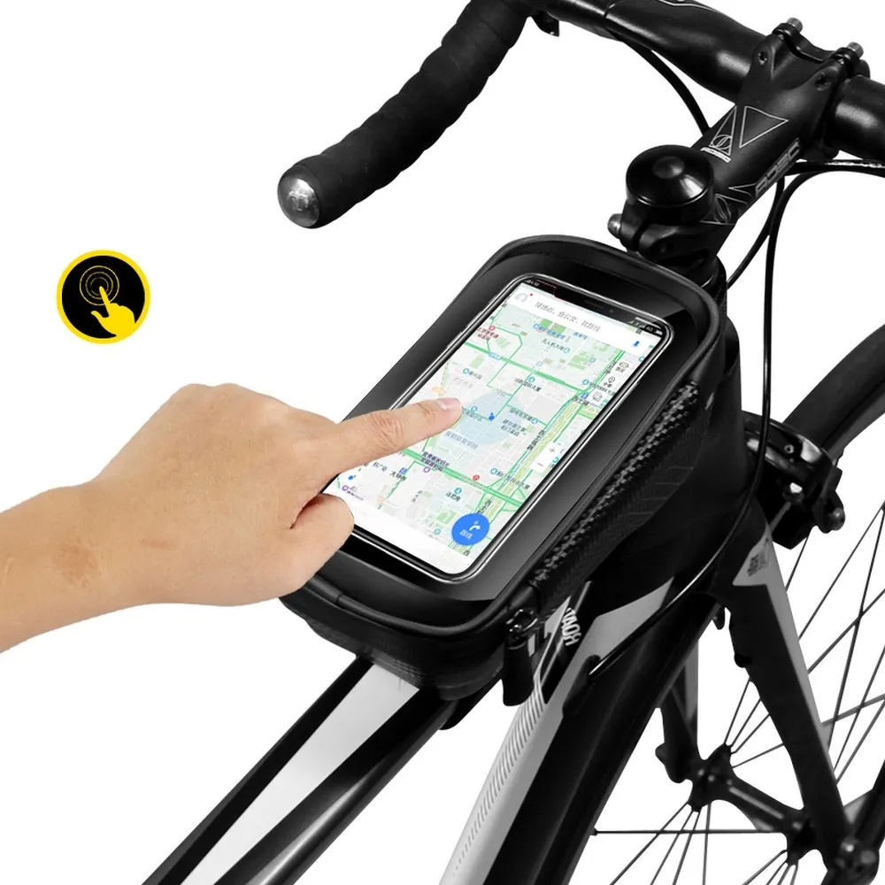 Suport telefon bicicletă cu husă și geantă de depozitare pe cadru WildMan, carcasă rigidă impermeabilă, negru
