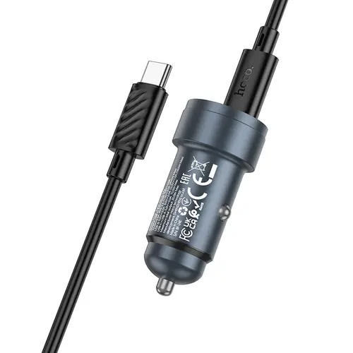 Încărcător auto USB-A și USB-C + cablu USB-C la USB-C, QC3.0 PD, 30W, Hoco Z57A, negru
