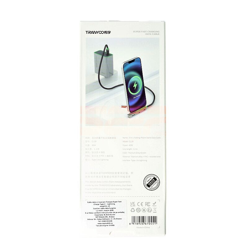 Cablu date cu functie stand Type-C - Lightning 40W Fast Charge TRANYOO CL10