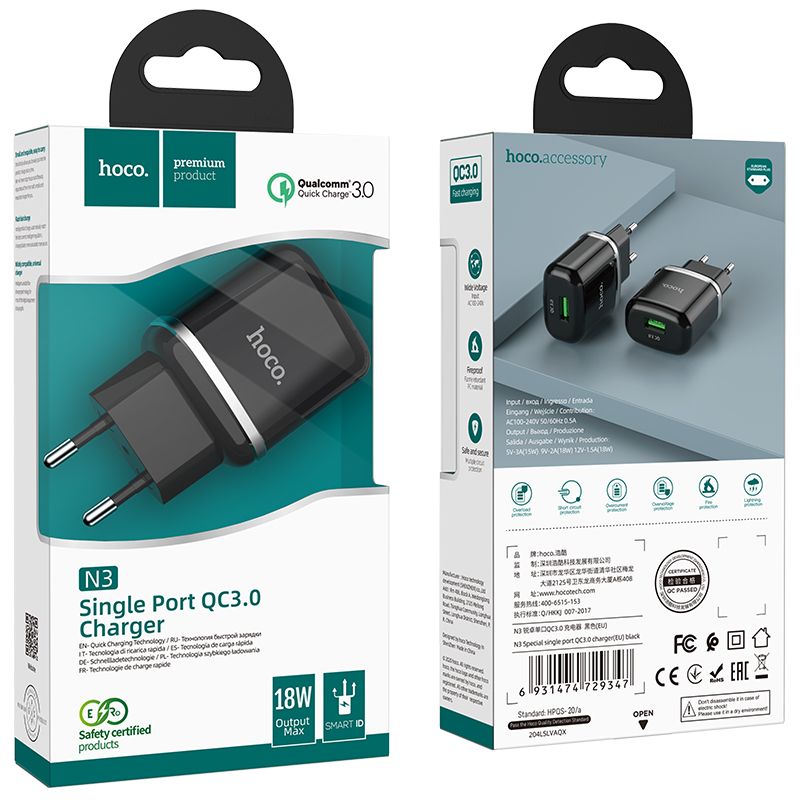 Încărcător de telefon USB A QC3.0 3A 18W, N3, negru