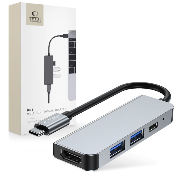 Adaptor HUB aluminiu 4-in-1 Tech-Protect V2 USB Type-C – 2x USB 3.0, 1x USB Type-C, 1x HDMI, gri