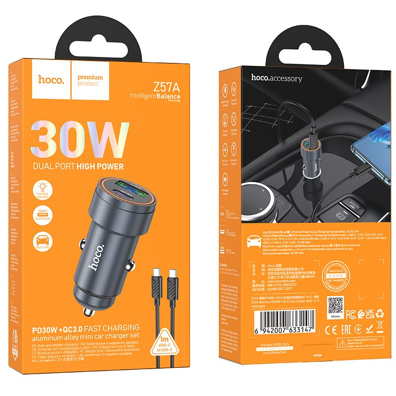 Încărcător auto USB-A și USB-C + cablu USB-C la USB-C, QC3.0 PD, 30W, Hoco Z57A, negru
