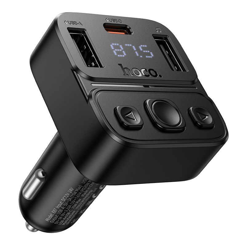 Transmițător auto bluetooth hoco. USB A + USB C QC PD 35W, E87, negru