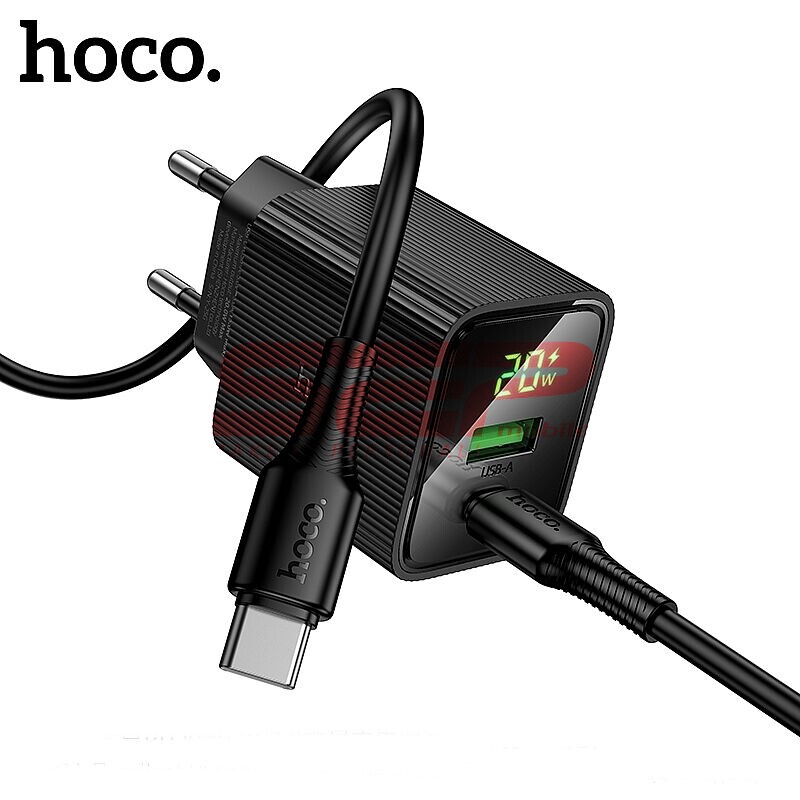 Incarcator retea Fast Charge USB-A + USB-C cu cablu Type-C 20W si display digital Hoco. CS83A
