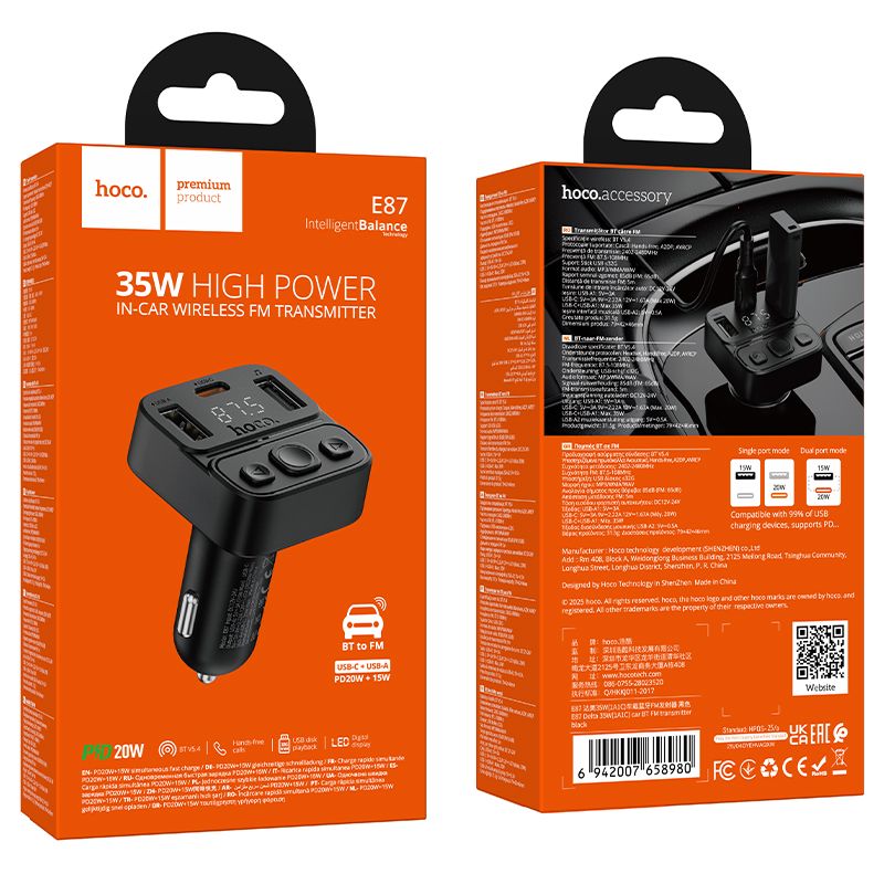 Transmițător auto bluetooth hoco. USB A + USB C QC PD 35W, E87, negru