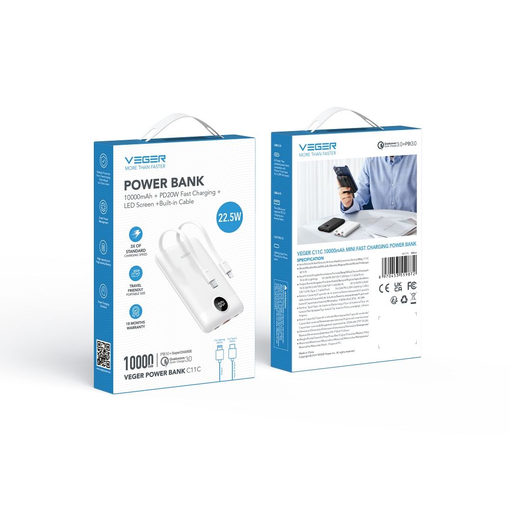 PowerBank VEGER 22.5W, 10.000 mAh, cu cabluri încorporate, alb