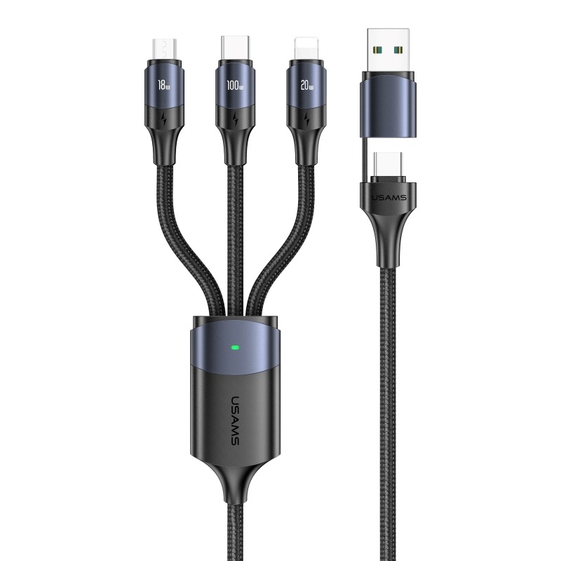 Cablu date Usams 3 in 1 USB / USB-C la Lightning / Micro-USB / USB-C, 65W, alb