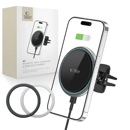 Suport auto magnetic Tech-Protect cu încărcare wireless 15W, compatibil MagSafe, negru