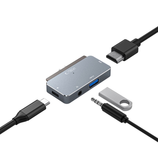 Adaptor HUB aluminiu 4-in-1 TECH-PROTECT V6, USB-C – 1x USB 3.0, 1x USB-C 100W, 1x HDMI 4K 30Hz, 1x Jack 3.5mm, Gri