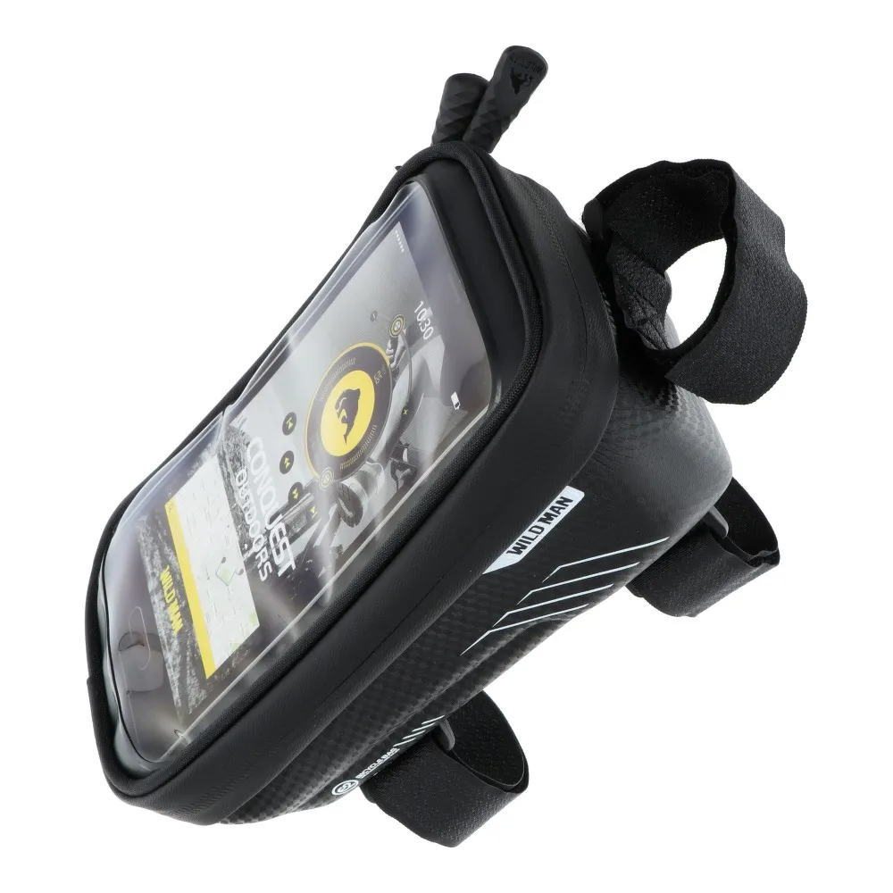 Suport telefon bicicletă cu husă și geantă de depozitare pe cadru WildMan, carcasă rigidă impermeabilă, negru