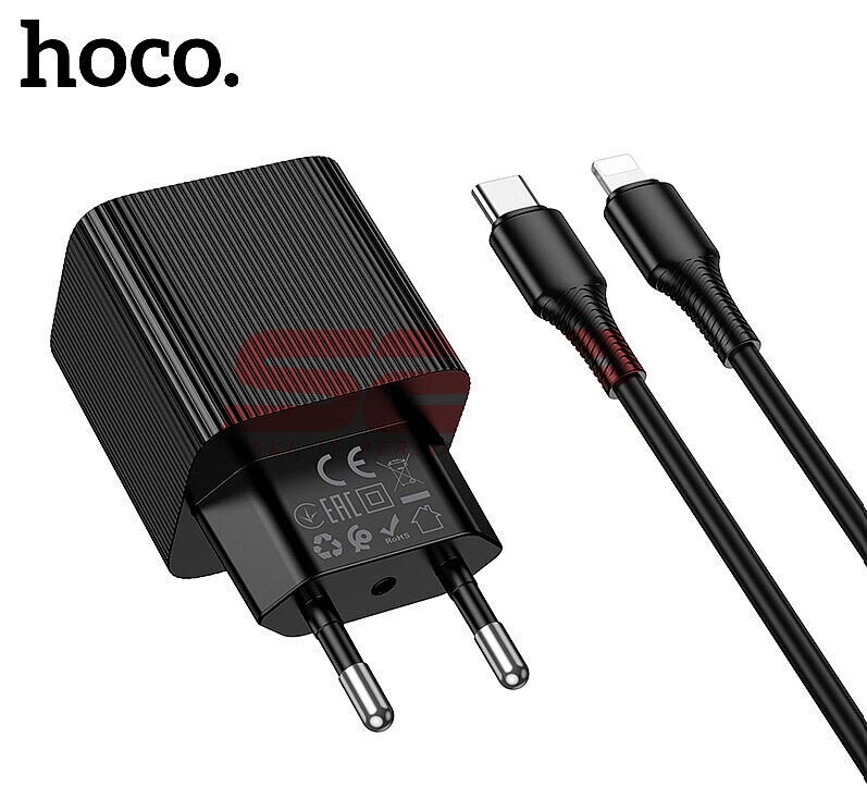 Incarcator retea Fast Charge USB-A + USB-C cu cablu Lightning 20W si display digital Hoco. CS83A