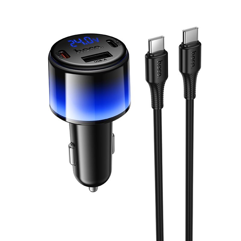 Încărcător auto USB-A + 2xUSB-C, PD QC3.0, 37W, + cablu USB-C la USB-C, Hoco Z69A, negru
