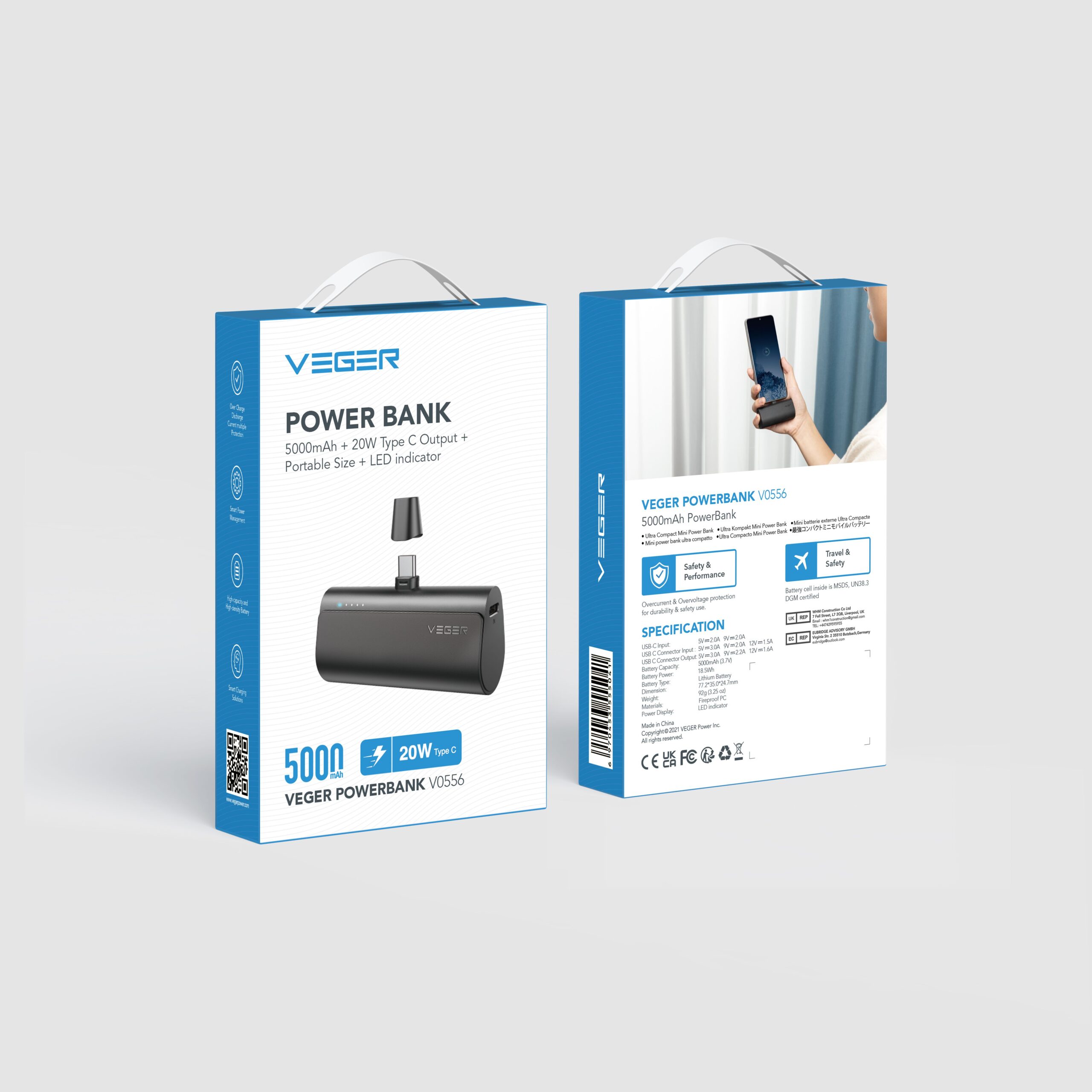 PowerBank VEGER 20W, 5.000 mAh cu adaptor Type-C încorporat, negru