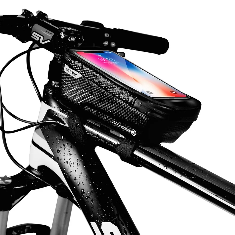 Suport telefon bicicletă cu husă și geantă de depozitare pe cadru WildMan, carcasă rigidă impermeabilă, negru