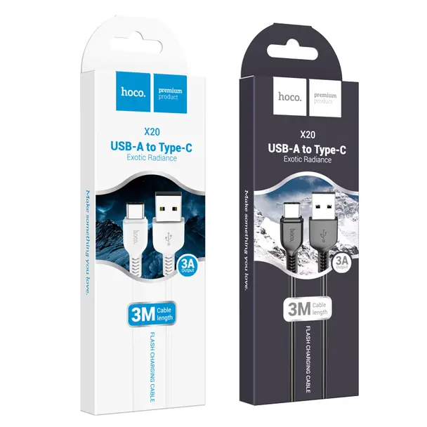 Cablu date și încărcare USB-A la USB-C, 2.4A, 3m, hoco. X20, alb