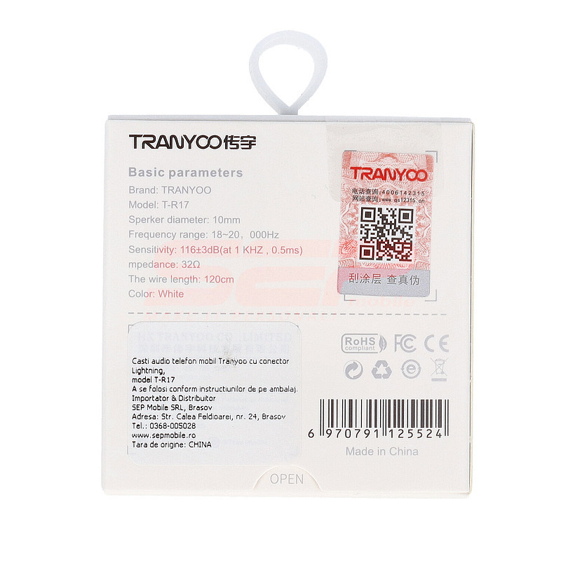 Handsfree audio stereo cu conector Lightning Tranyoo T-R17