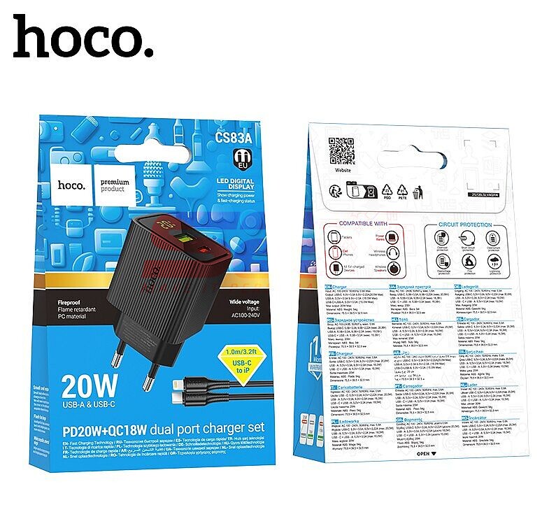 Incarcator retea Fast Charge USB-A + USB-C cu cablu Lightning 20W si display digital Hoco. CS83A