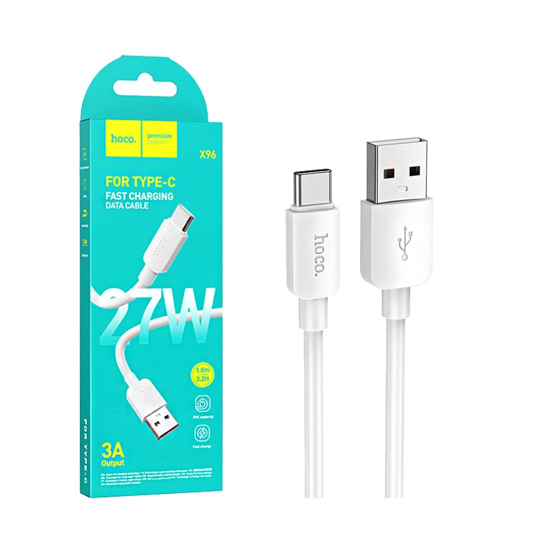 Cablu date și încărcare USB-A la USB-C, PD 2,4A, 27W, 1m, Hoco X96, alb
