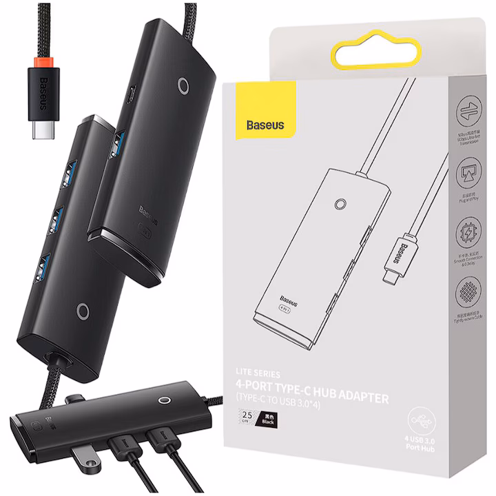 Adaptor HUB Baseus Lite, cu 4 porturi, 1 x HUB USB-C, 4 x USB-A 3.0, 100 cm cablu, negru