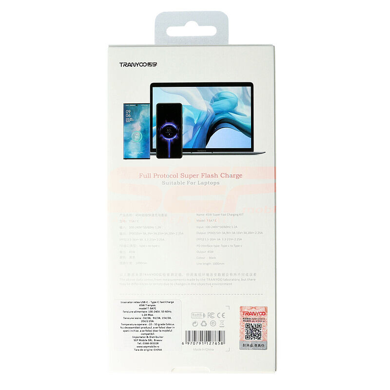 Incarcator retea Fast Charge Type-C - Type-C 45W TRANYOO T-SA7C BLACK