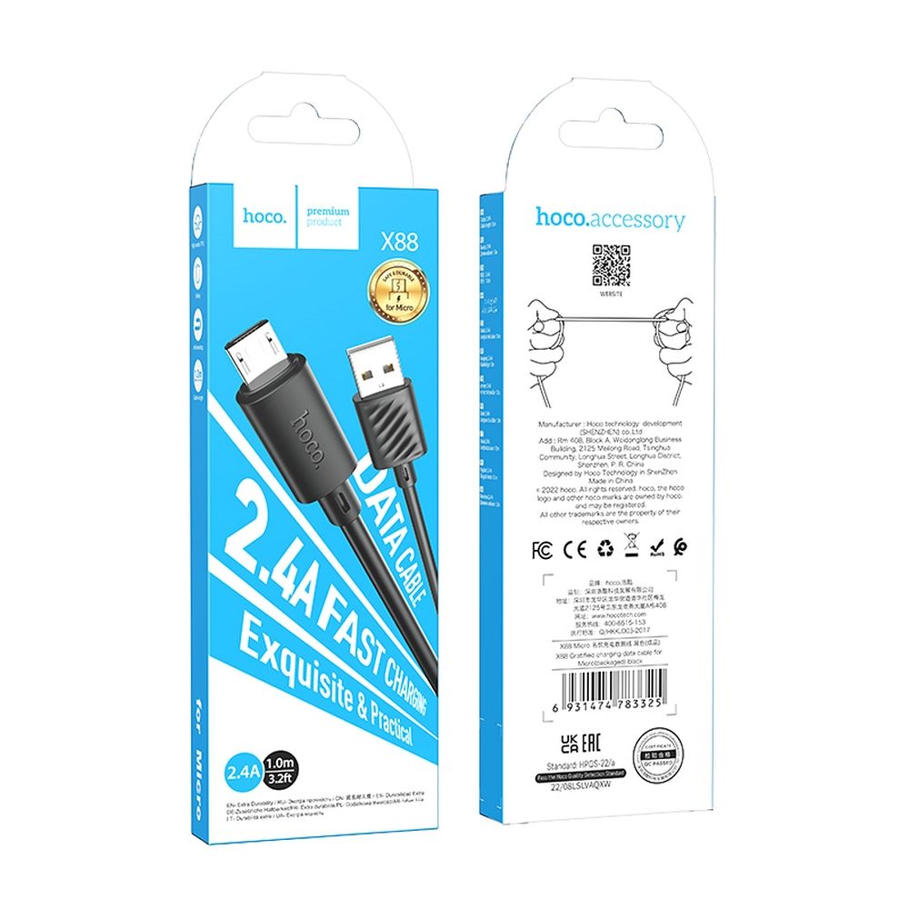 Cablu date hoco. USB-A la Micro USB, 2.4A, 1m, X88, negru