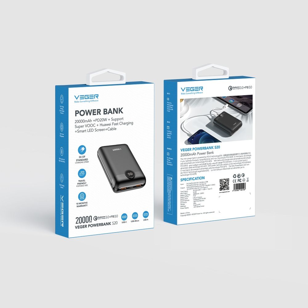 PowerBank VEGER 22.5W, 20.000 mAh, negru