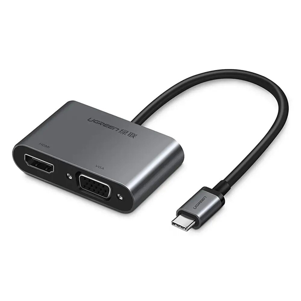 Adaptor video UGREEN CM162 USB-C tata – VGA / HDMI mama, 4K, 30Hz, 2 moduri, 100W, 25cm, silver