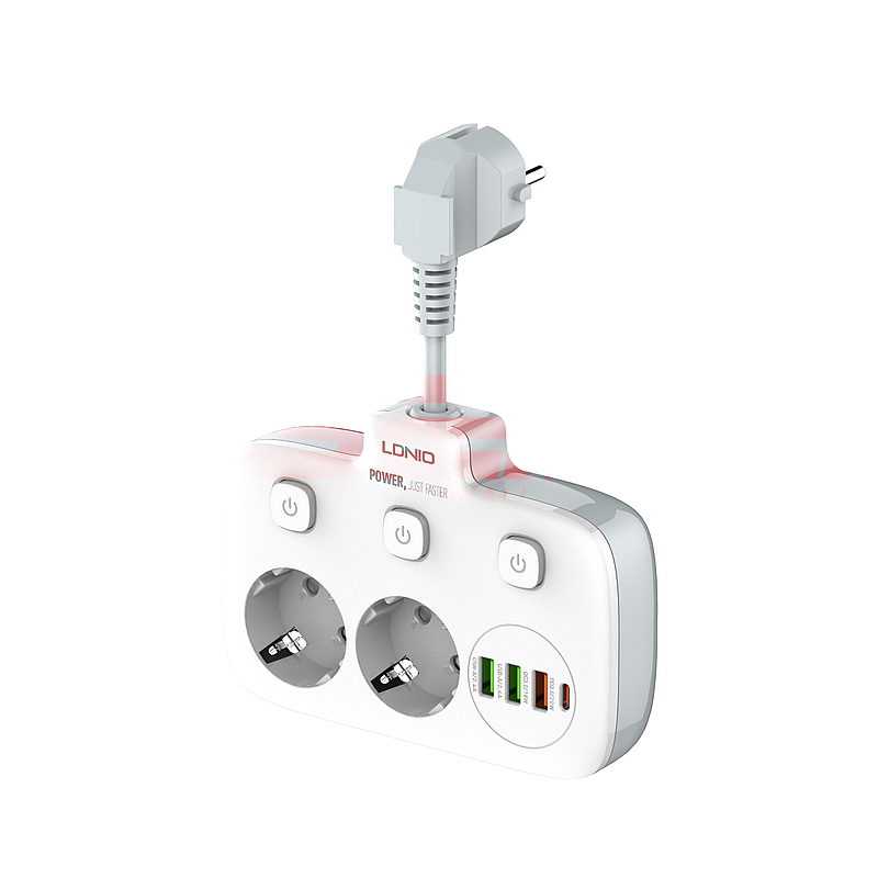 Prelungitor LDNIO cu 2 prize, 3 porturi USB-A si un port USB-C