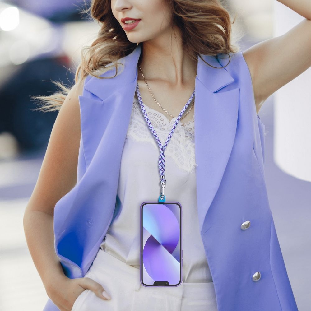 Șnur telefon SWING (6mm), pandantiv cu lungime reglabilă / lungime cablu 165cm (max 82,5cm în buclă) / pe umăr sau gât – alb – violet