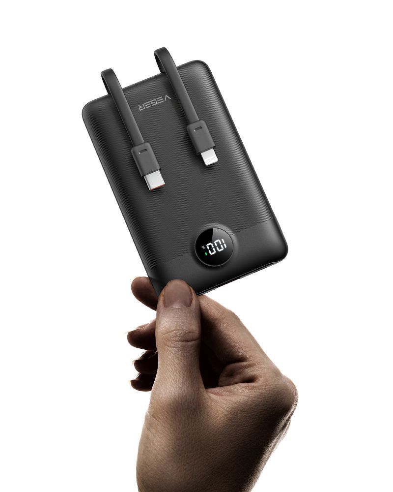 Baterie externă VEGER 10.000 mAh cu cabluri încorporate Tip C / Lightning PD QC3.0 2A 22.5W, C11 (W1170), negru