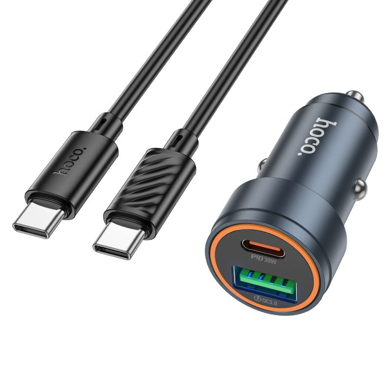 Încărcător auto USB-A și USB-C + cablu USB-C la USB-C, QC3.0 PD, 30W, Hoco Z57A, negru