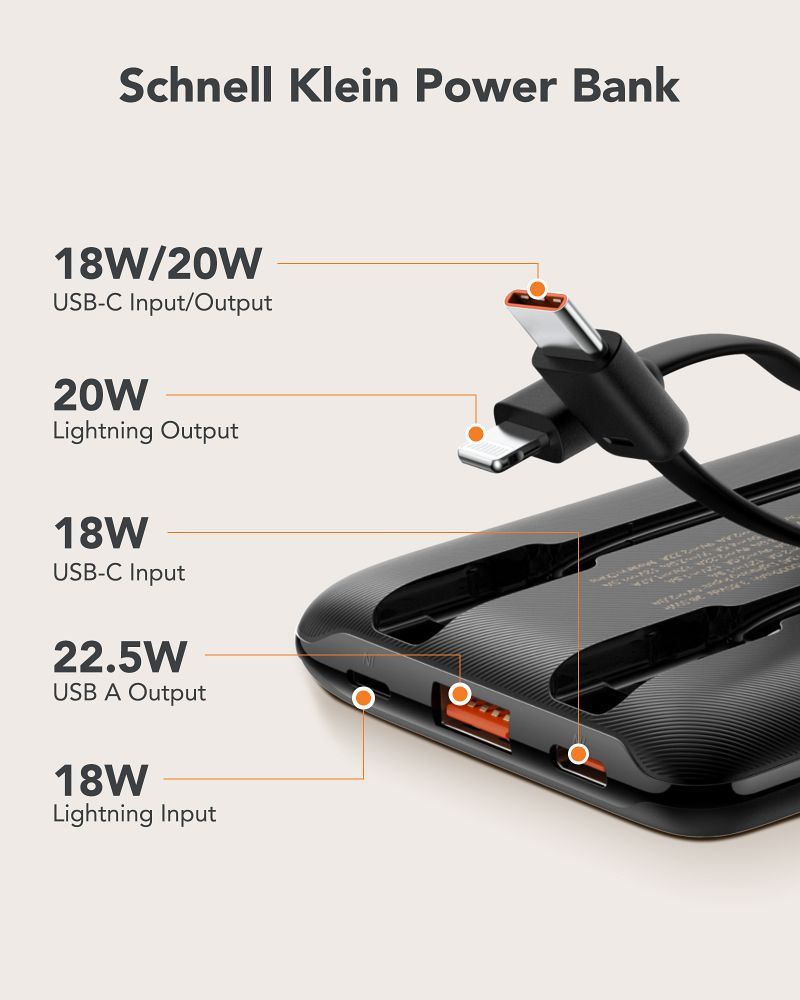Baterie externă VEGER 10.000 mAh cu cabluri încorporate Tip C / Lightning PD QC3.0 2A 22.5W, C11 (W1170), negru