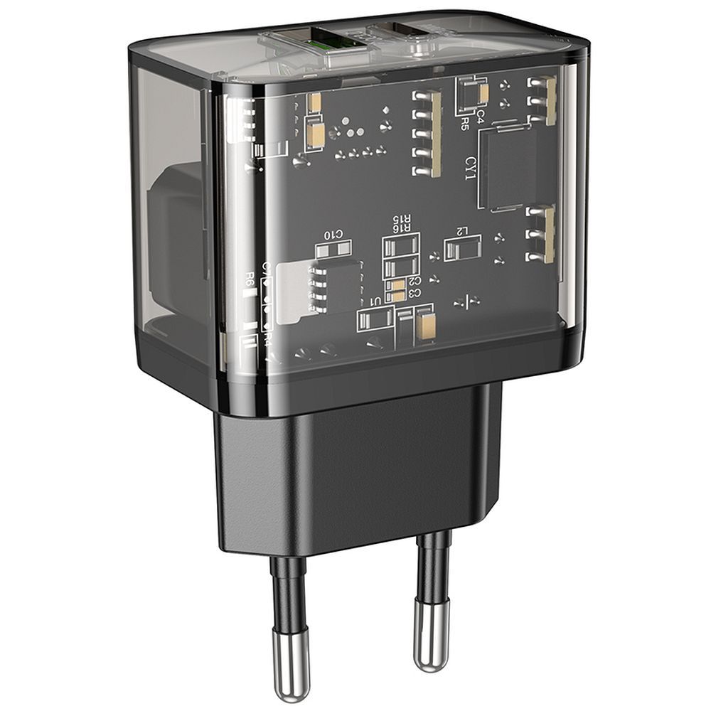 Încărcător telefon USB-A + USB-C, QC3.0 PD 3A, 20W, Hoco N34, transparent