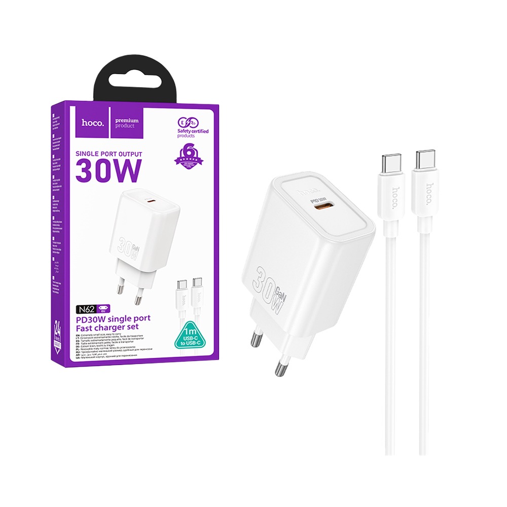 Încărcător telefon USB-C cu cablu USB-C la USB-C, PD QC 30W, 1m, Hoco N62, alb