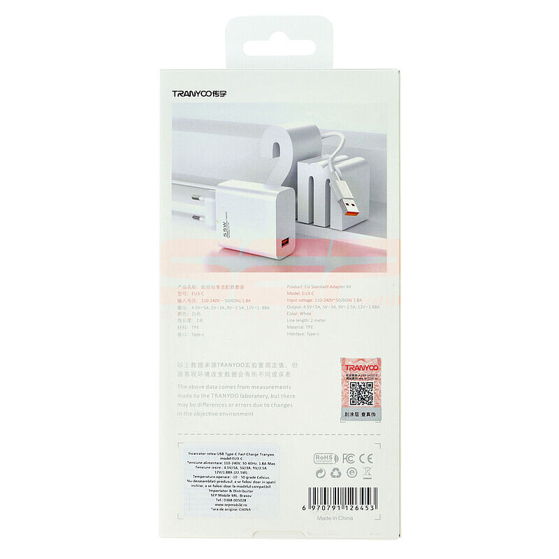 Incarcator retea Fast Charge USB-A cu cablu Type-C 55W TRANYOO EU3-C