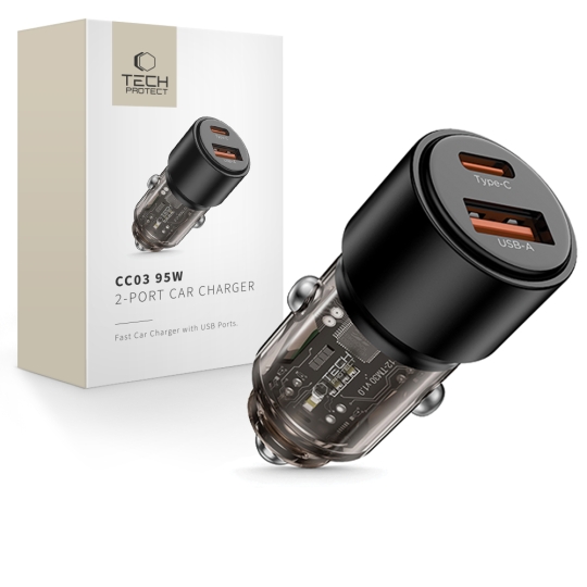 Încărcător auto Tech-Protect CC03 cu 2 porturi USB-A, USB-C PD 95W / QC 3.0, negru