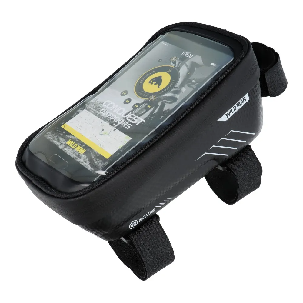 Suport telefon bicicletă cu husă și geantă de depozitare pe cadru WildMan, carcasă rigidă impermeabilă, negru