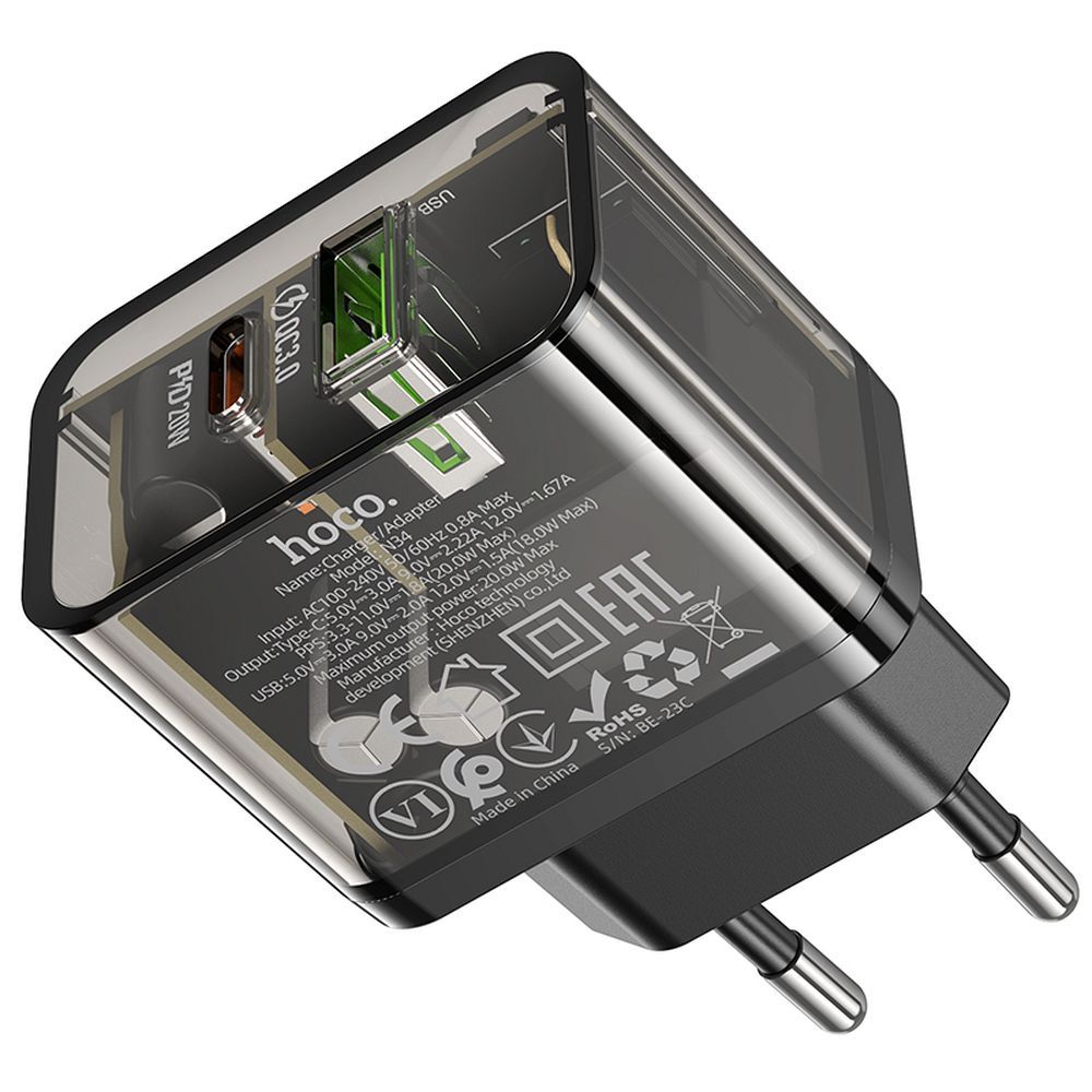 Încărcător telefon USB-A + USB-C, QC3.0 PD 3A, 20W, Hoco N34, transparent