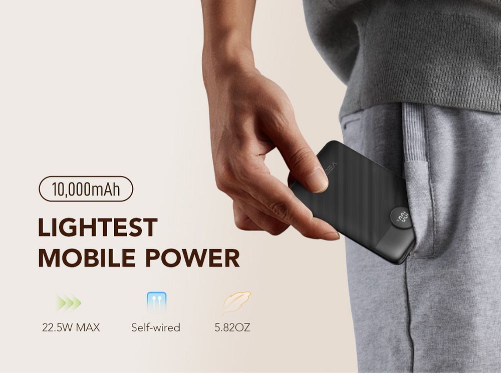 Baterie externă VEGER 10.000 mAh cu cabluri încorporate Tip C / Lightning PD QC3.0 2A 22.5W, C11 (W1170), negru