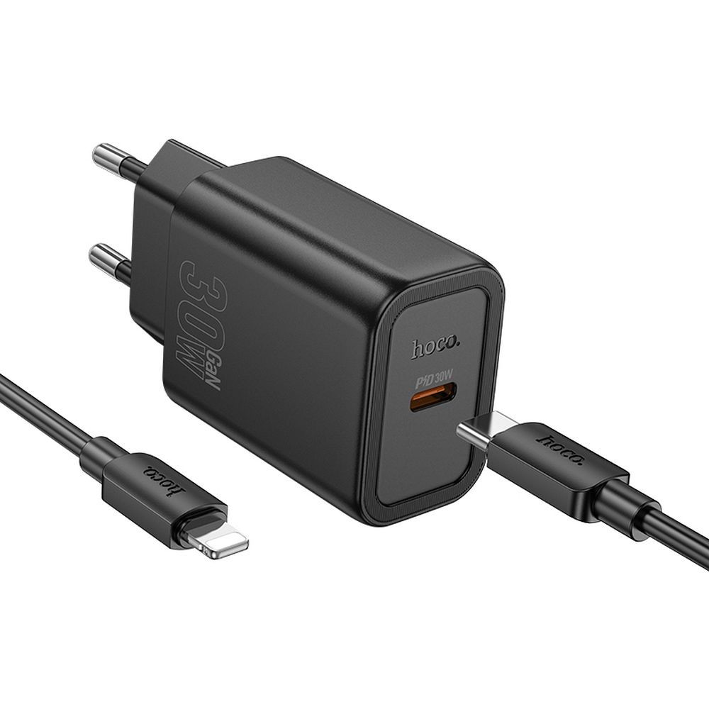 Încărcător telefon USB-C cu cablu USB-C la Lightning, PD QC 30W, 1m, Hoco N62, negru