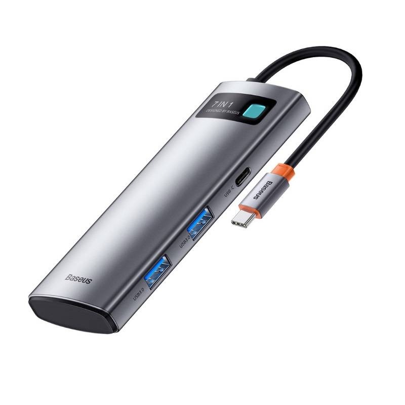 Adaptor HUB multifunctional aluminiu 7in1 Baseus Metal Gleam, 2x USB, 1x USB-C, 1x HDMI 4K, 1x TF, 1x PD, 1x cititor de carduri, gri