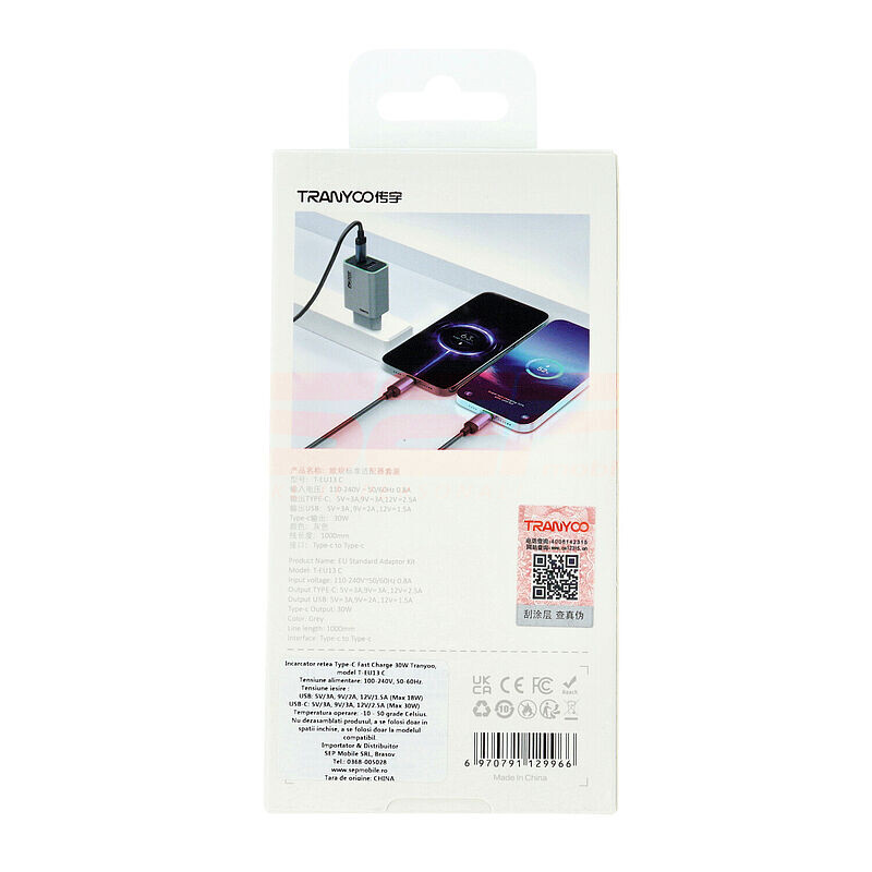 Incarcator retea Super Fast Charge USB-A + USB-C - Type-C 30W TRANYOO T-EU13 C