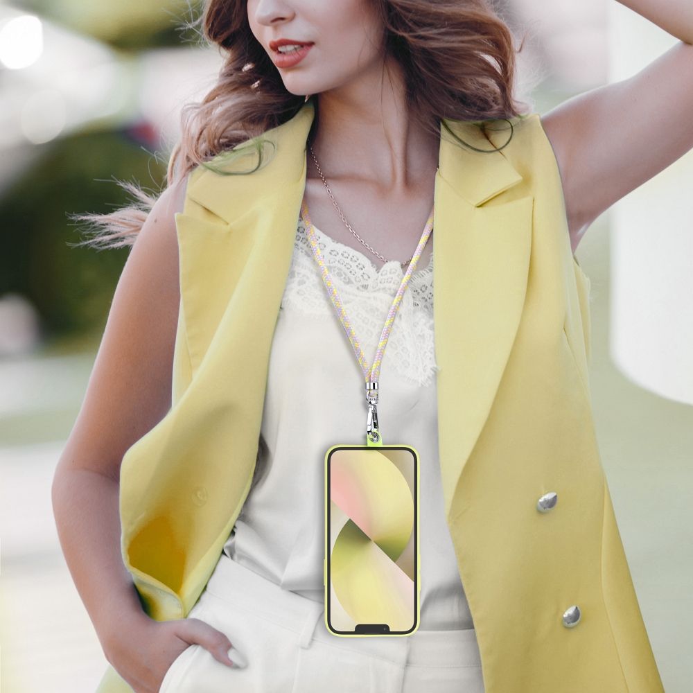 Șnur telefon SWING (6mm), pandantiv cu lungime reglabilă / lungime cablu 165cm (max 82,5cm în buclă) / pe umăr sau gât – gri-galben
