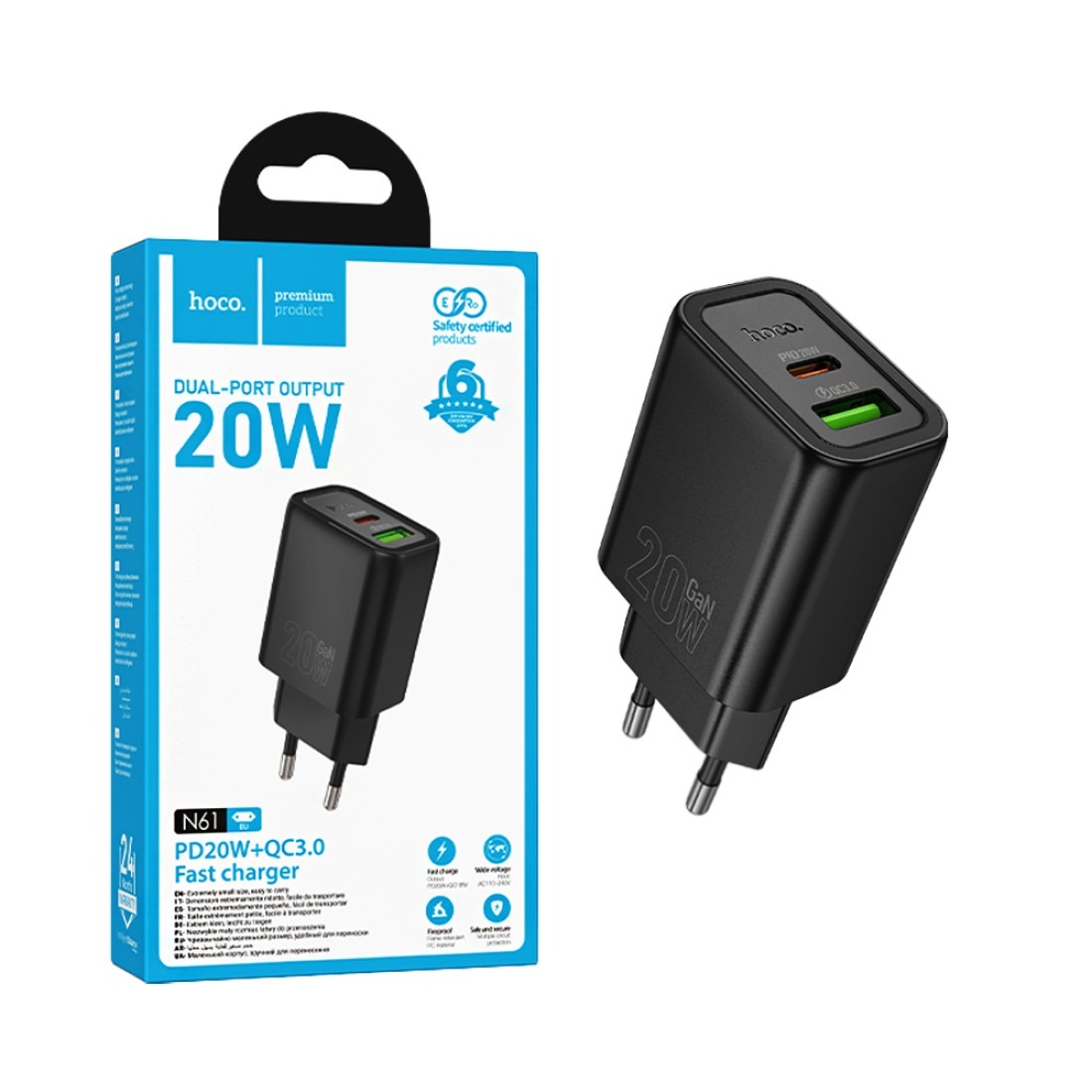 Încărcător telefon USB-A și USB-C, PD QC3.0 3A, 20W, Hoco N61, negru