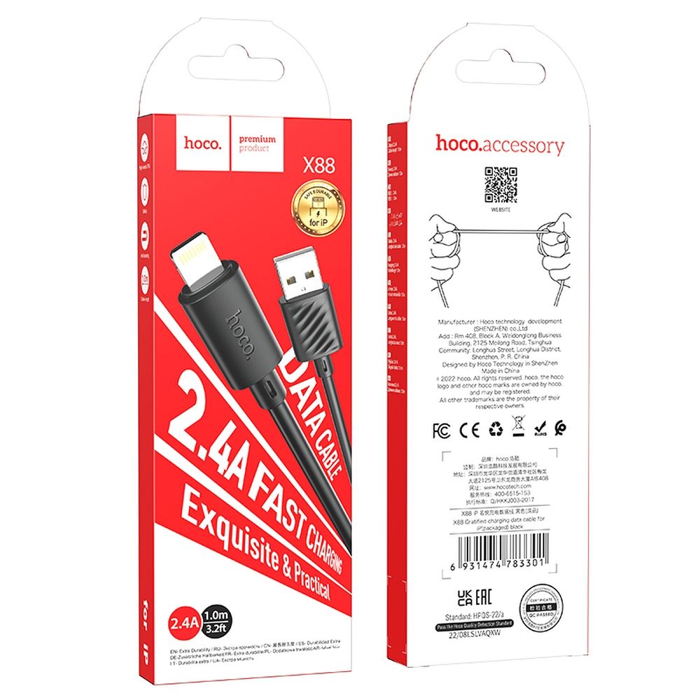Cablu date și încărcare, 2.4A, USB-A la Lightning, 1m, Hoco X88, negru