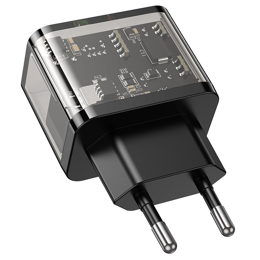 Încărcător telefon USB-A + USB-C, QC3.0 PD 3A, 20W, Hoco N34, transparent