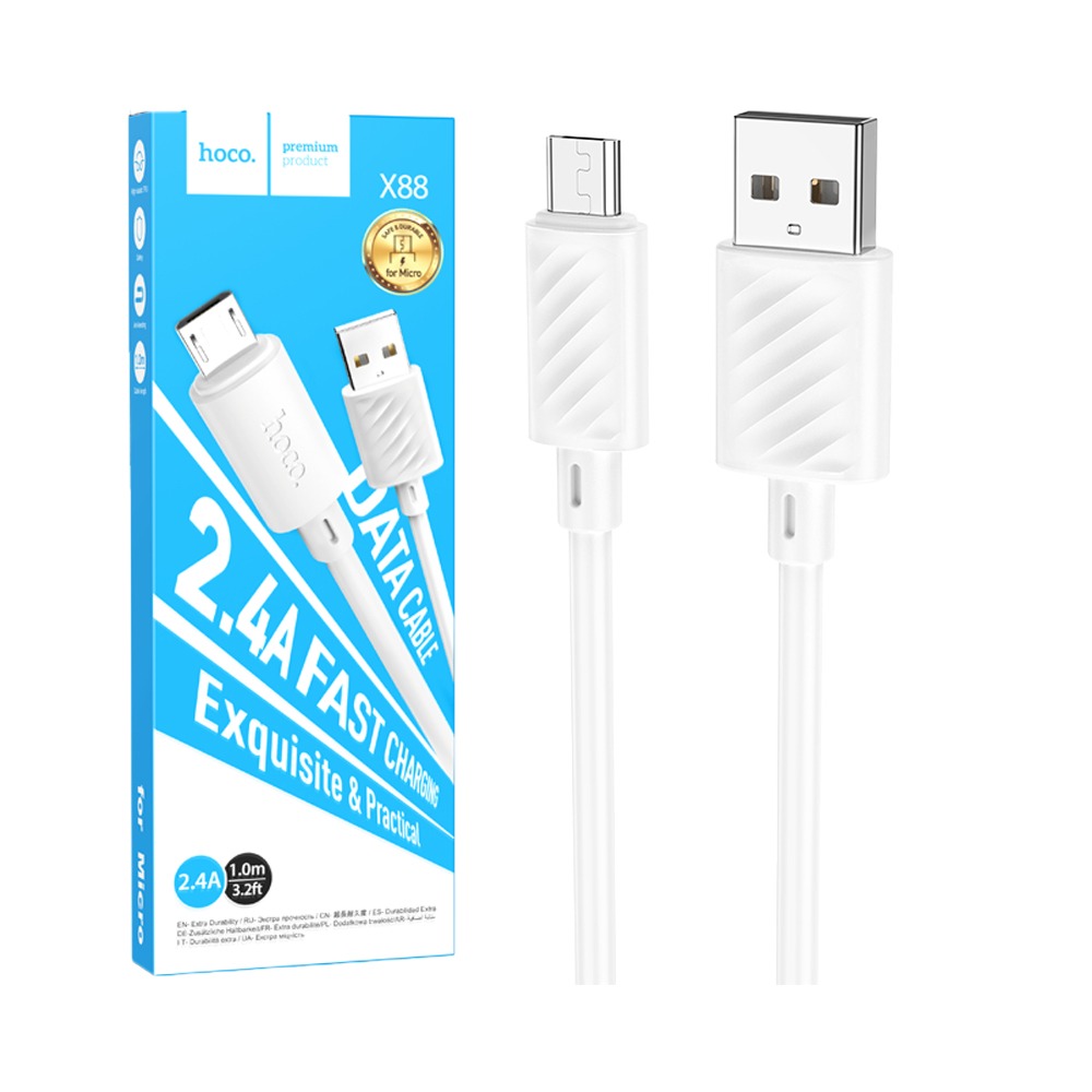 Cablu de date și încărcare hoco. USB-A la Micro USB, 2.4A, 1m, X88, alb
